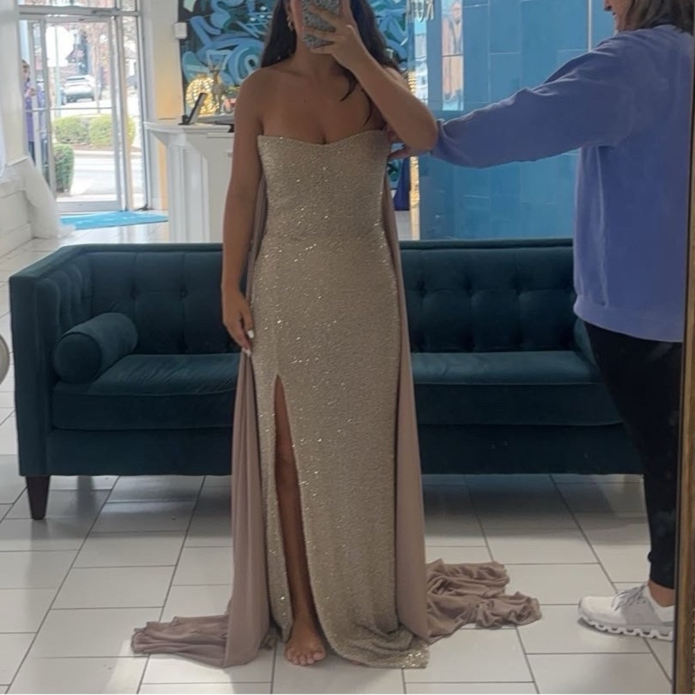 Tarik Ediz Glittering Strapless Gold Gown